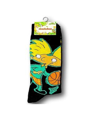 4/$25 Nickelodeon Black and Yellow Hey Arnold Novelty Socks New Basketball